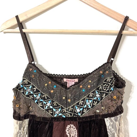 Vtg Y2K Papaya Patchwork Babydoll Dress Brown Beaded Lace Festival Eclectic Boho - Picture 2 of 16